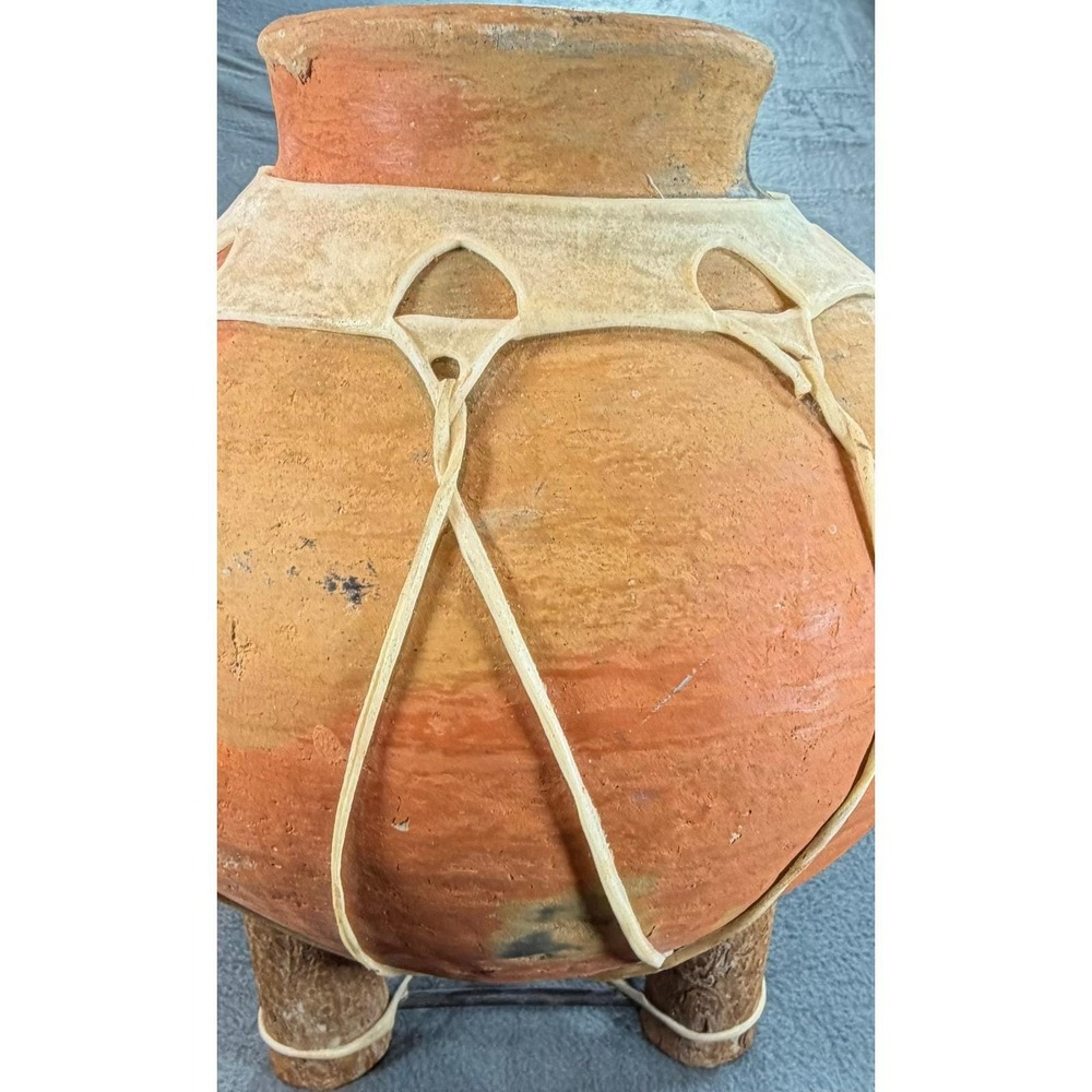 Vintage Mexican Terracotta Tripod Pot Rawhide Wrap Wooden Legs Rustic Folk Art - Picture 9 of 12